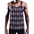 Black Grey And Purple Argyle Print Men's Workout Tank Top