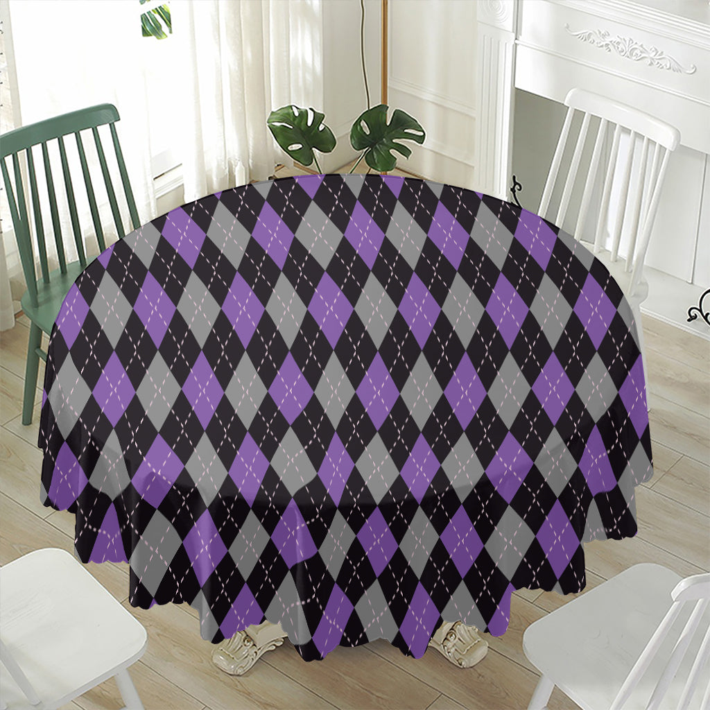 Black Grey And Purple Argyle Print Waterproof Round Tablecloth