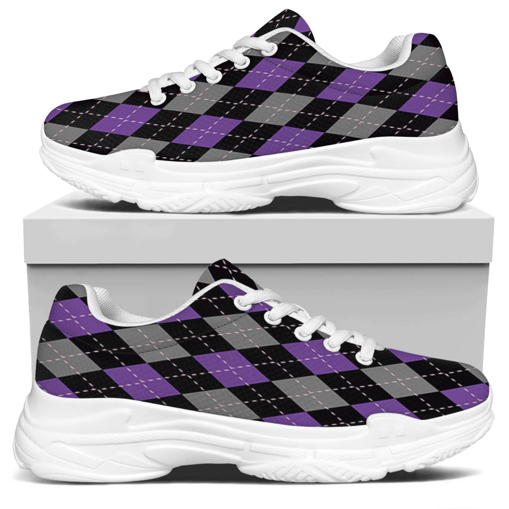 Black Grey And Purple Argyle Print White Chunky Shoes
