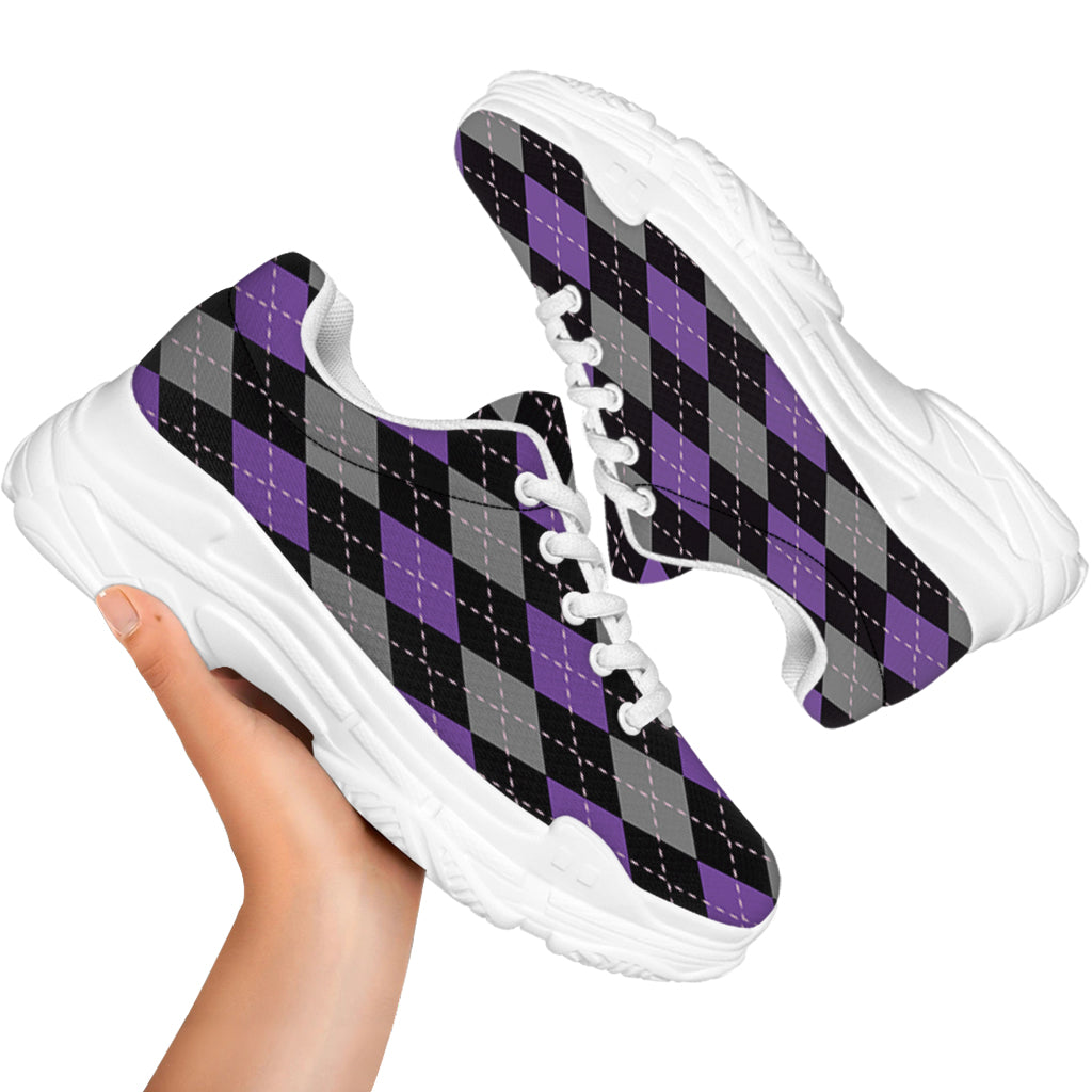 Black Grey And Purple Argyle Print White Chunky Shoes