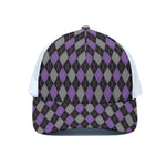 Black Grey And Purple Argyle Print White Mesh Trucker Cap