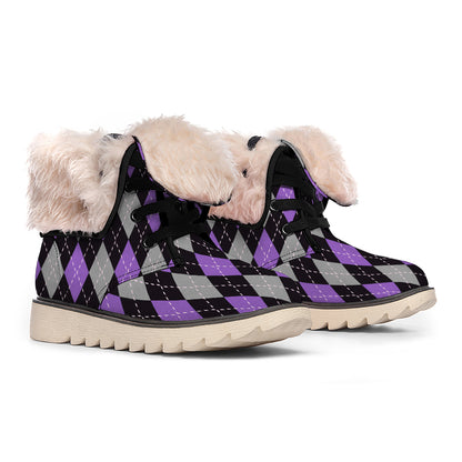 Black Grey And Purple Argyle Print Winter Boots