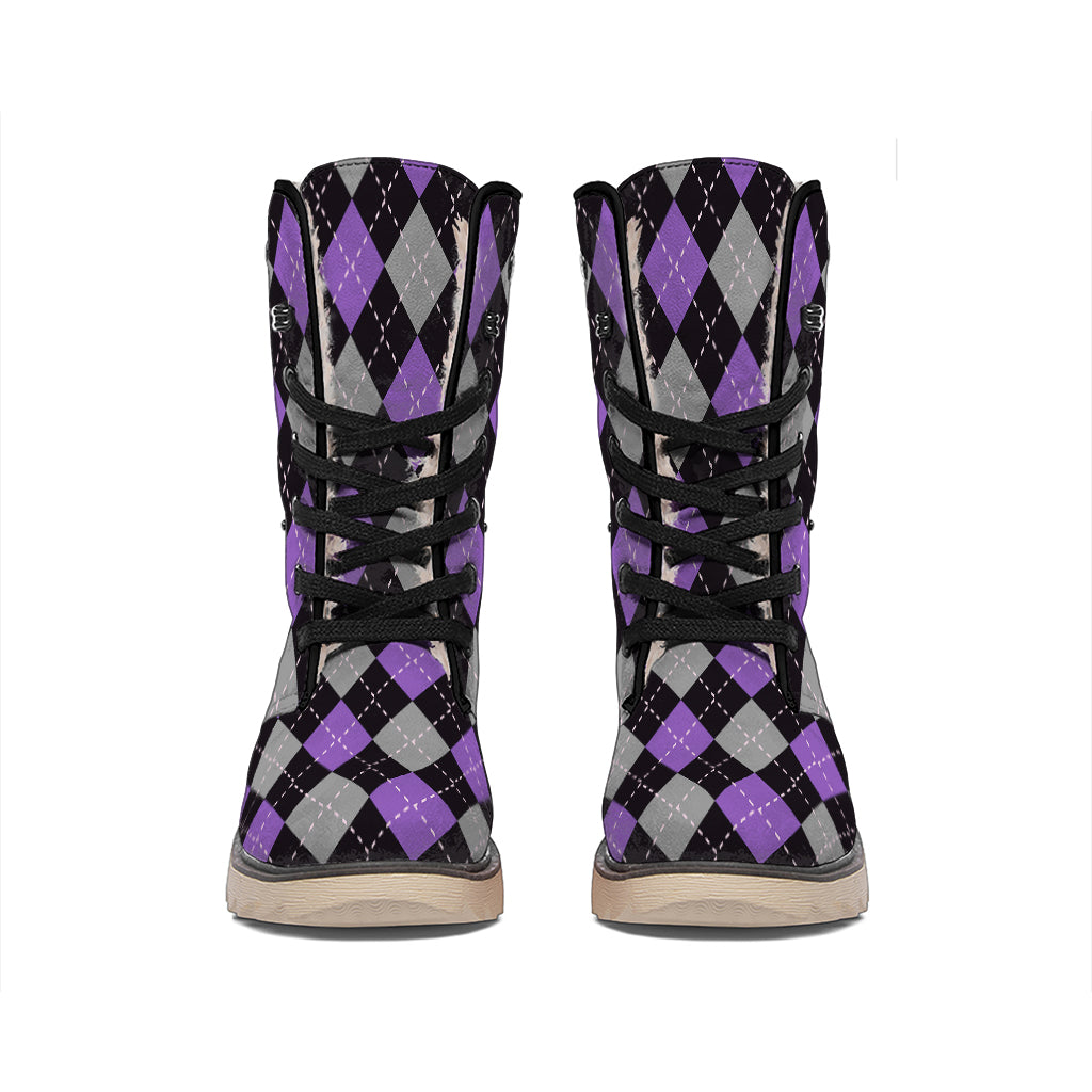 Black Grey And Purple Argyle Print Winter Boots