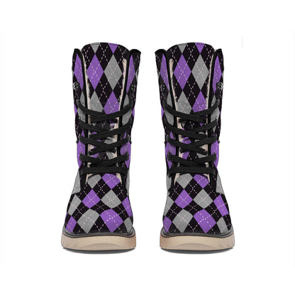 Black Grey And Purple Argyle Print Winter Boots
