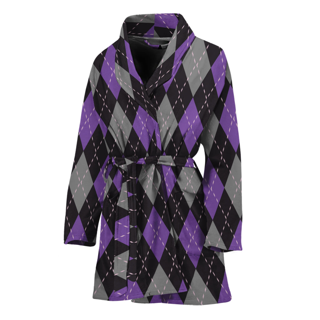 Black Grey And Purple Argyle Print Women's Bathrobe