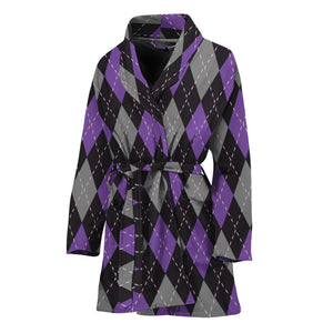 Black Grey And Purple Argyle Print Women's Bathrobe