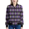 Black Grey And Purple Argyle Print Women's Bomber Jacket