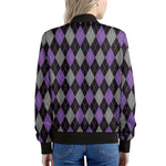 Black Grey And Purple Argyle Print Women's Bomber Jacket