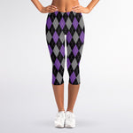 Black Grey And Purple Argyle Print Women's Capri Leggings
