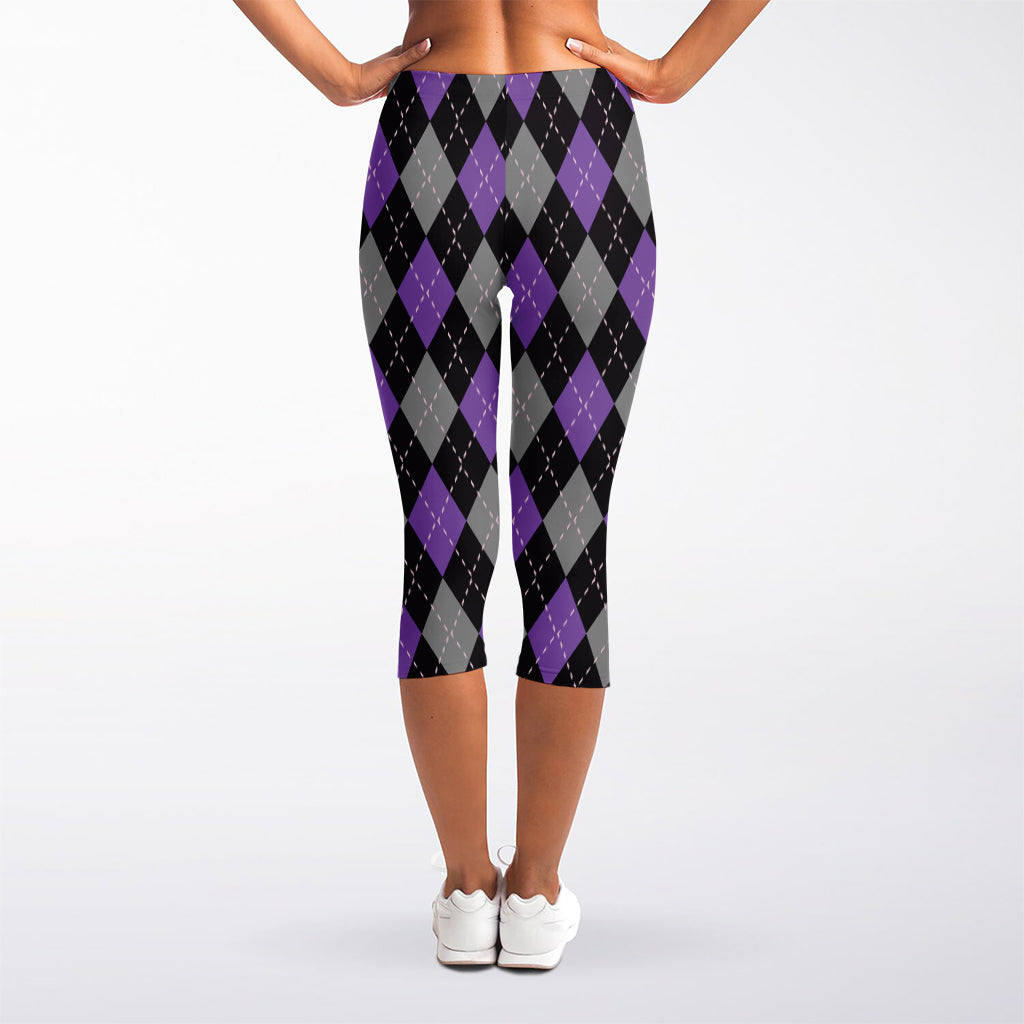 Black Grey And Purple Argyle Print Women's Capri Leggings