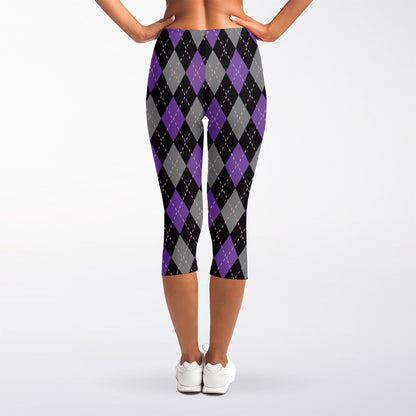 Black Grey And Purple Argyle Print Women's Capri Leggings