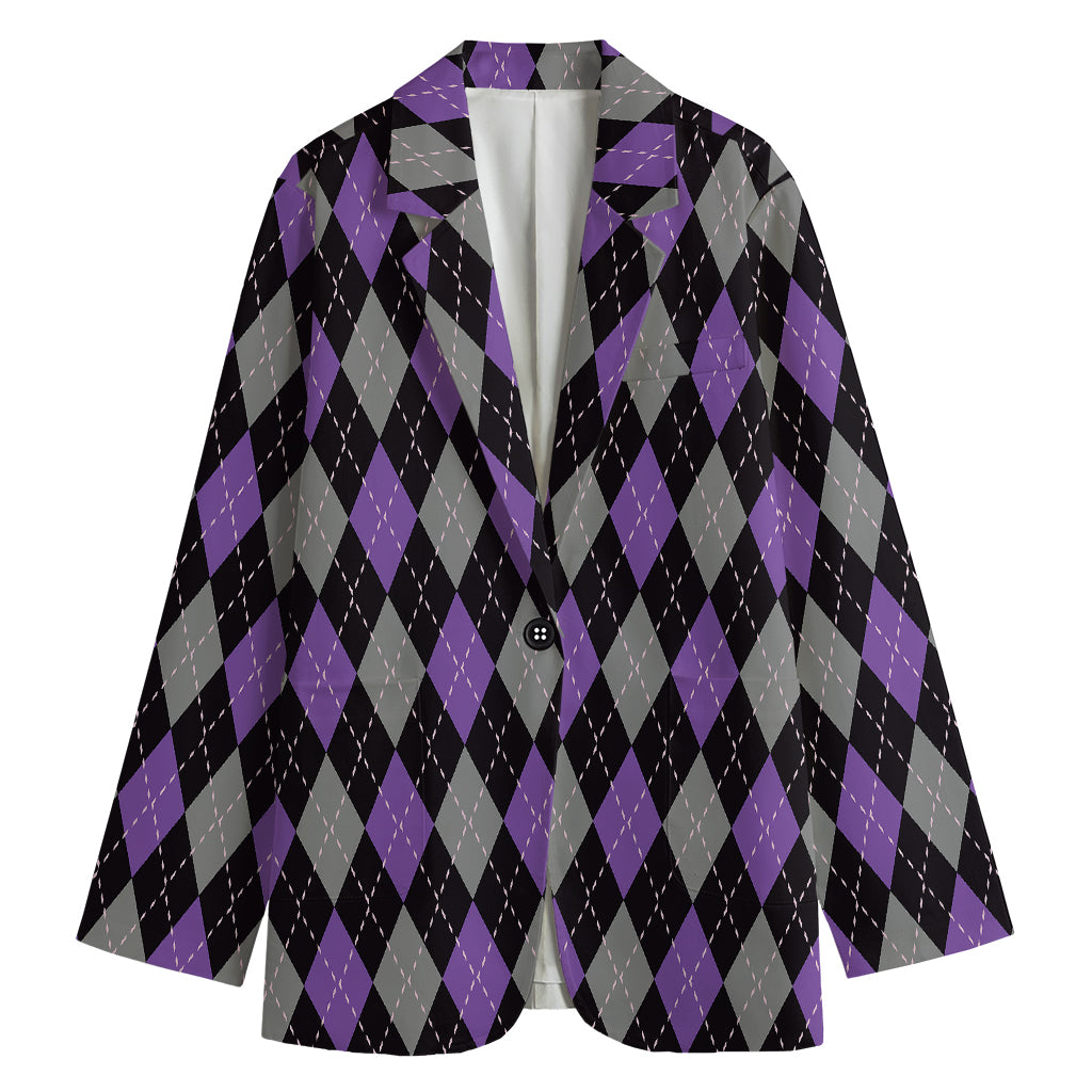 Black Grey And Purple Argyle Print Women's Cotton Blazer