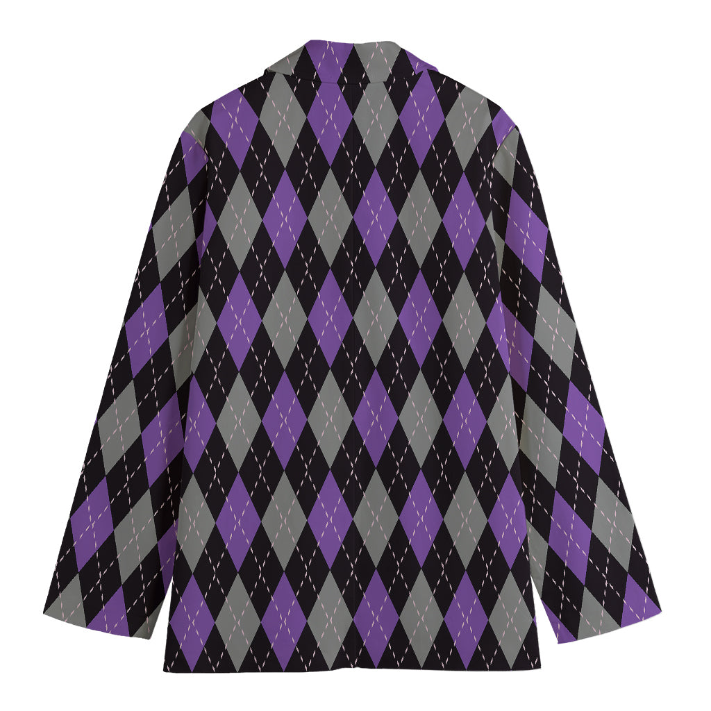 Black Grey And Purple Argyle Print Women's Cotton Blazer