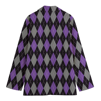 Black Grey And Purple Argyle Print Women's Cotton Blazer