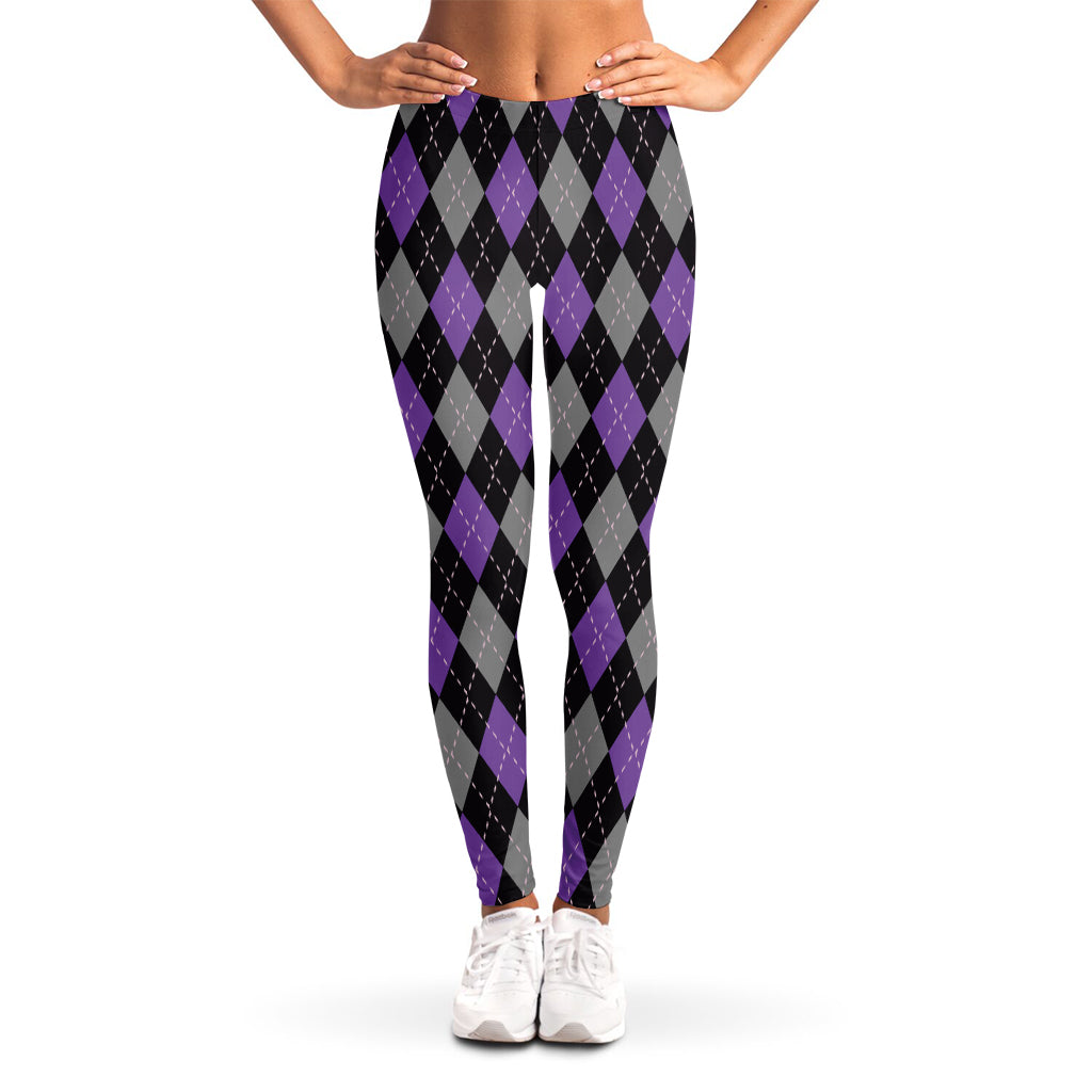 Black Grey And Purple Argyle Print Women's Leggings