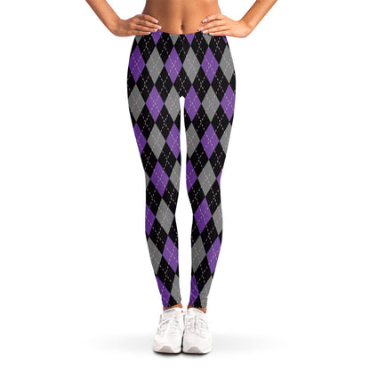 Black Grey And Purple Argyle Print Women's Leggings
