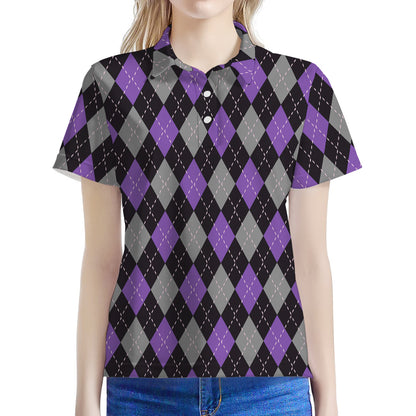 Black Grey And Purple Argyle Print Women's Polo Shirt
