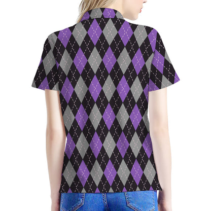 Black Grey And Purple Argyle Print Women's Polo Shirt