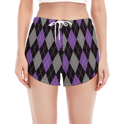 Black Grey And Purple Argyle Print Women's Split Running Shorts
