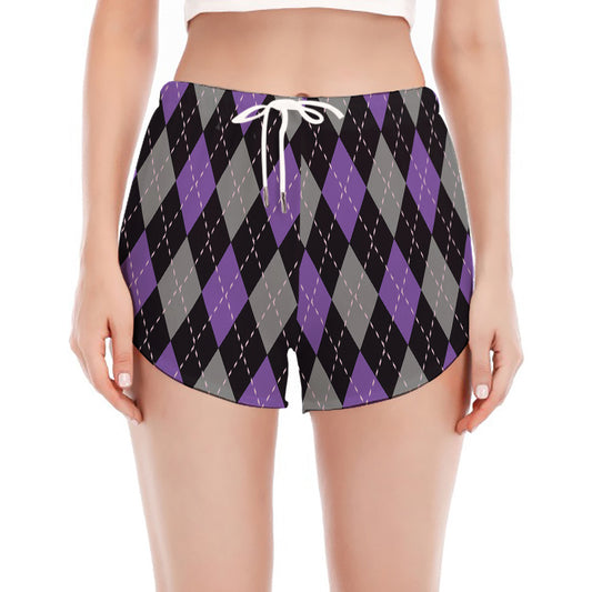 Black Grey And Purple Argyle Print Women's Split Running Shorts