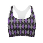 Black Grey And Purple Argyle Print Women's Sports Bra