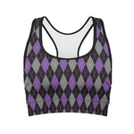 Black Grey And Purple Argyle Print Women's Sports Bra
