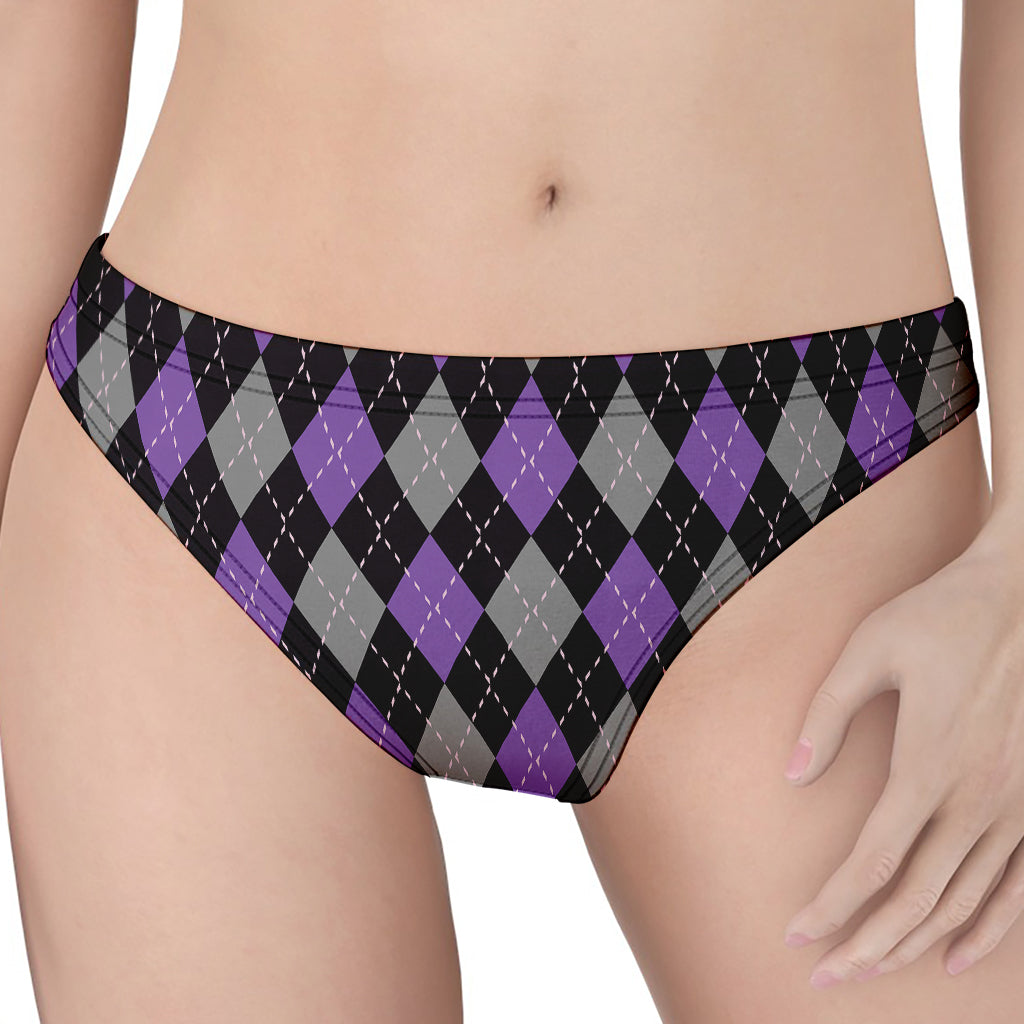 Black Grey And Purple Argyle Print Women's Thong