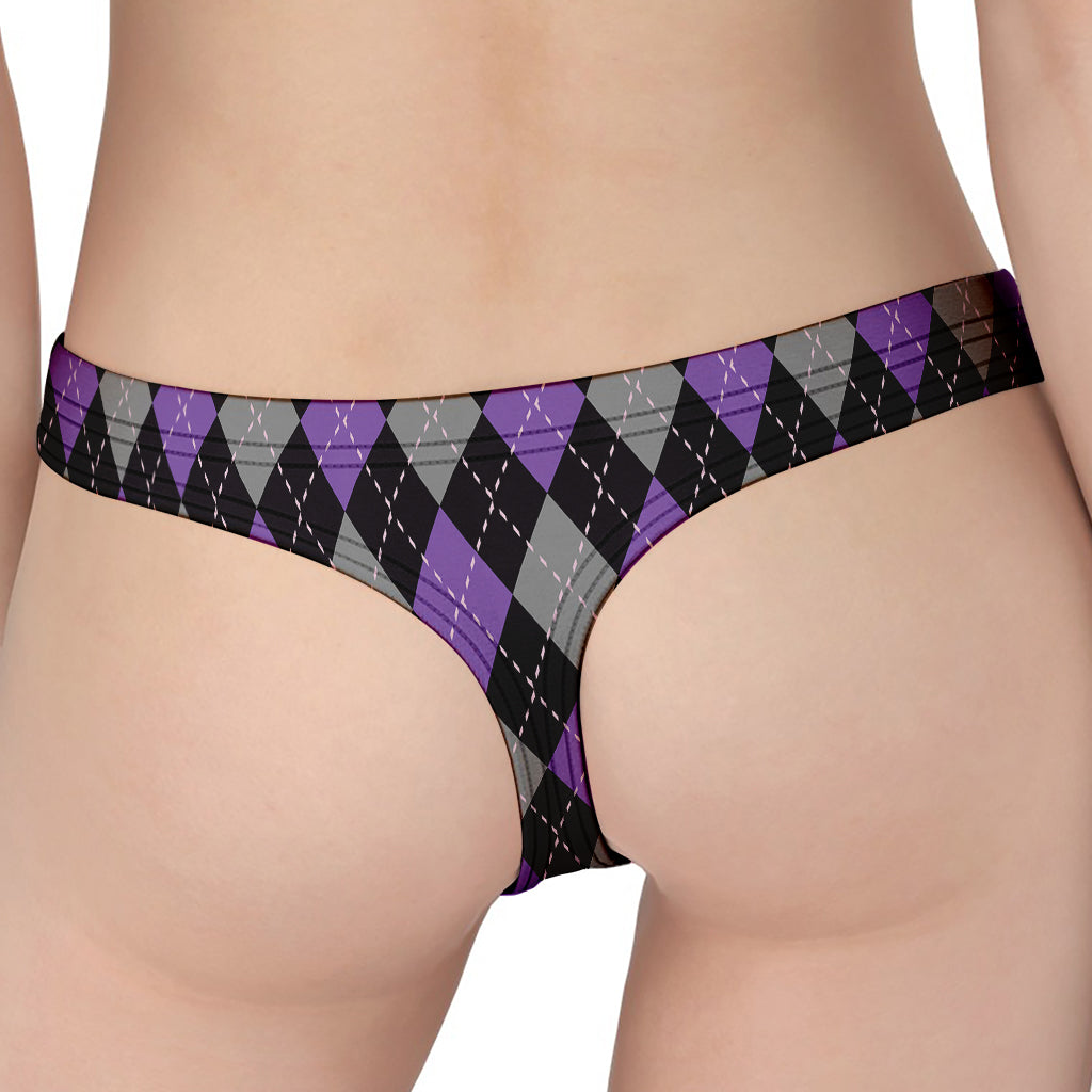 Black Grey And Purple Argyle Print Women's Thong