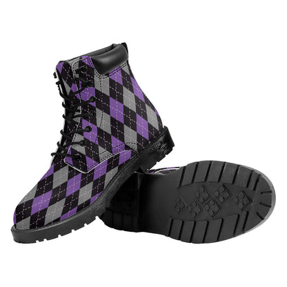 Black Grey And Purple Argyle Print Work Boots