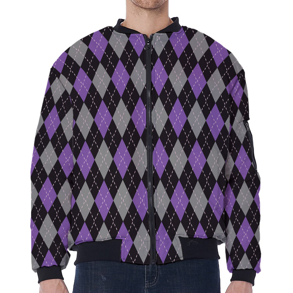 Black Grey And Purple Argyle Print Zip Sleeve Bomber Jacket