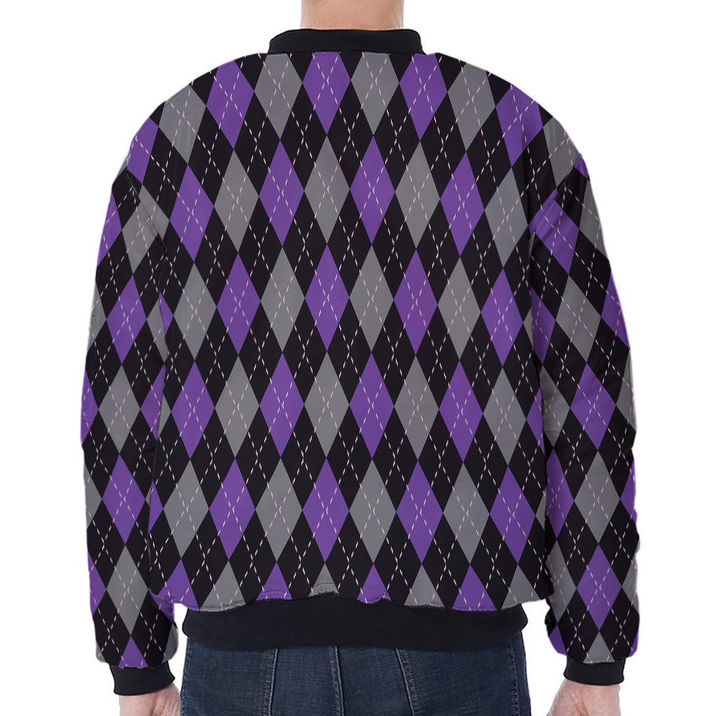 Black Grey And Purple Argyle Print Zip Sleeve Bomber Jacket