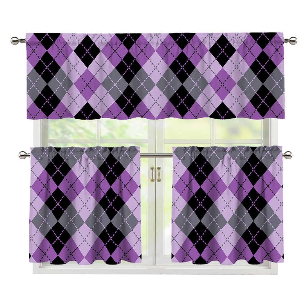Black Grey And Violet Argyle Print 3 Piece Kitchen Curtains