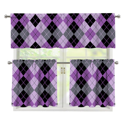 Black Grey And Violet Argyle Print 3 Piece Kitchen Curtains