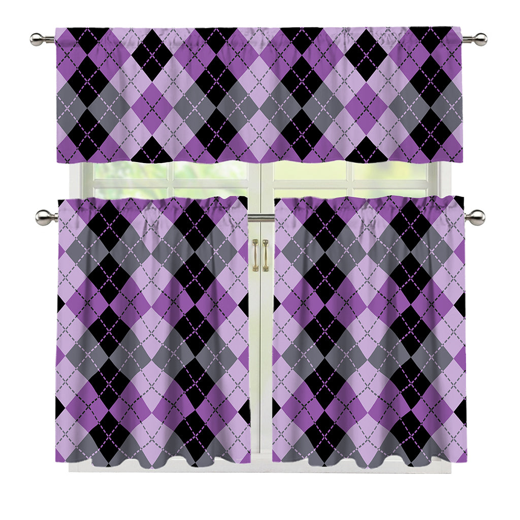 Black Grey And Violet Argyle Print 3 Piece Kitchen Curtains