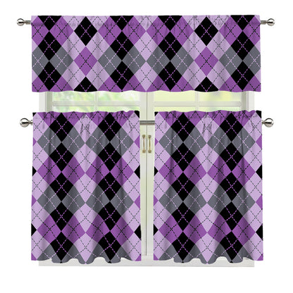 Black Grey And Violet Argyle Print 3 Piece Kitchen Curtains