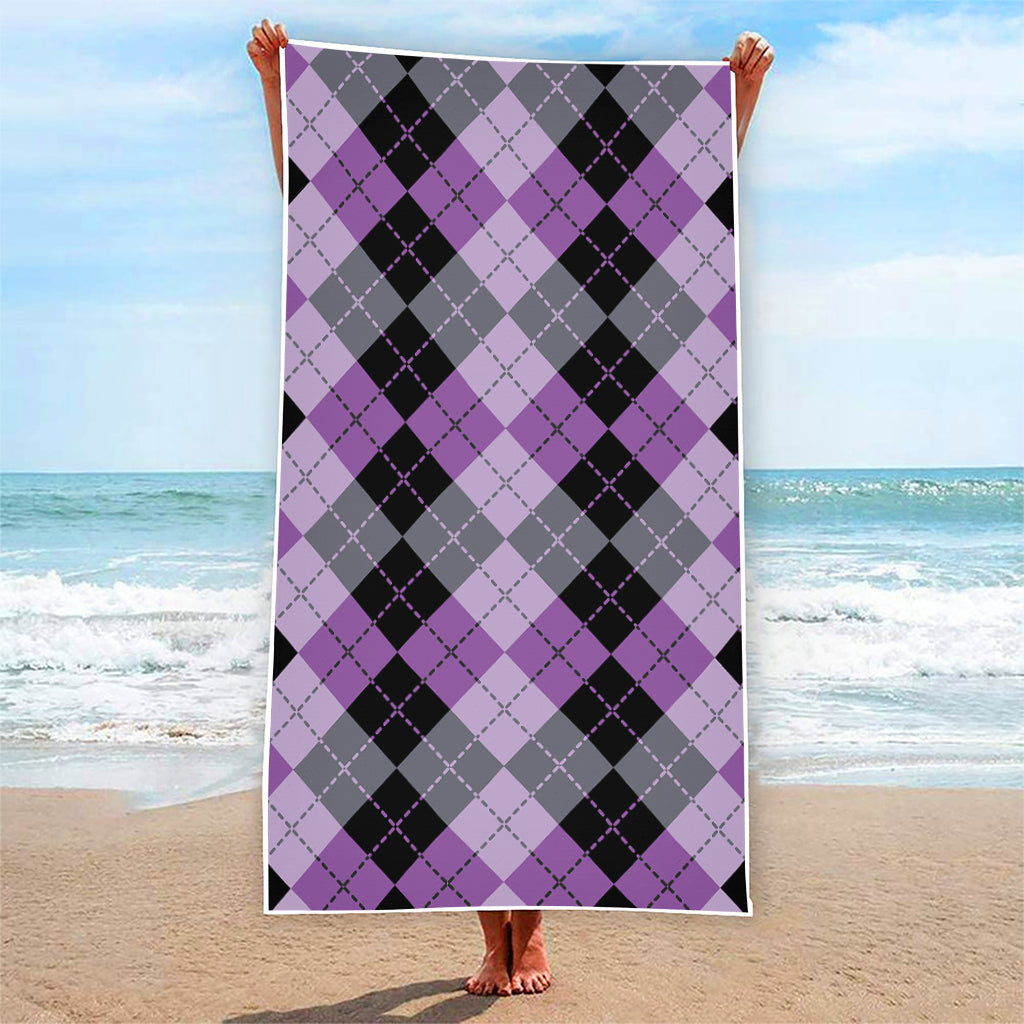 Black Grey And Violet Argyle Print Beach Towel