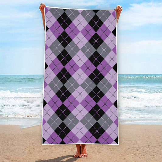 Black Grey And Violet Argyle Print Beach Towel
