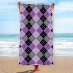 Black Grey And Violet Argyle Print Beach Towel