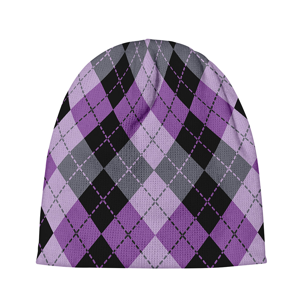 Black Grey And Violet Argyle Print Beanie