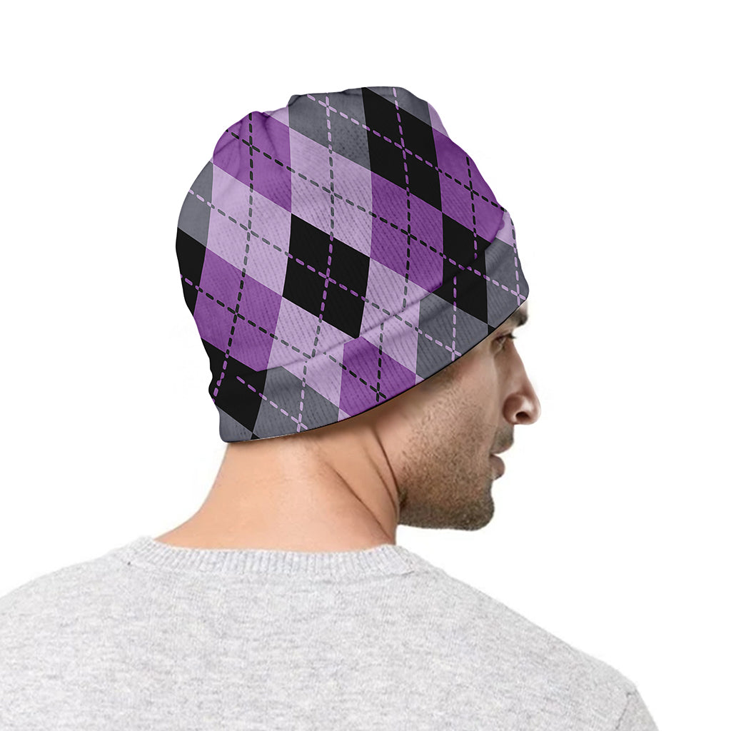 Black Grey And Violet Argyle Print Beanie