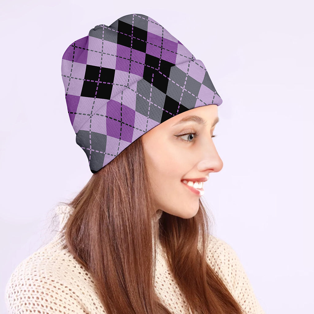 Black Grey And Violet Argyle Print Beanie