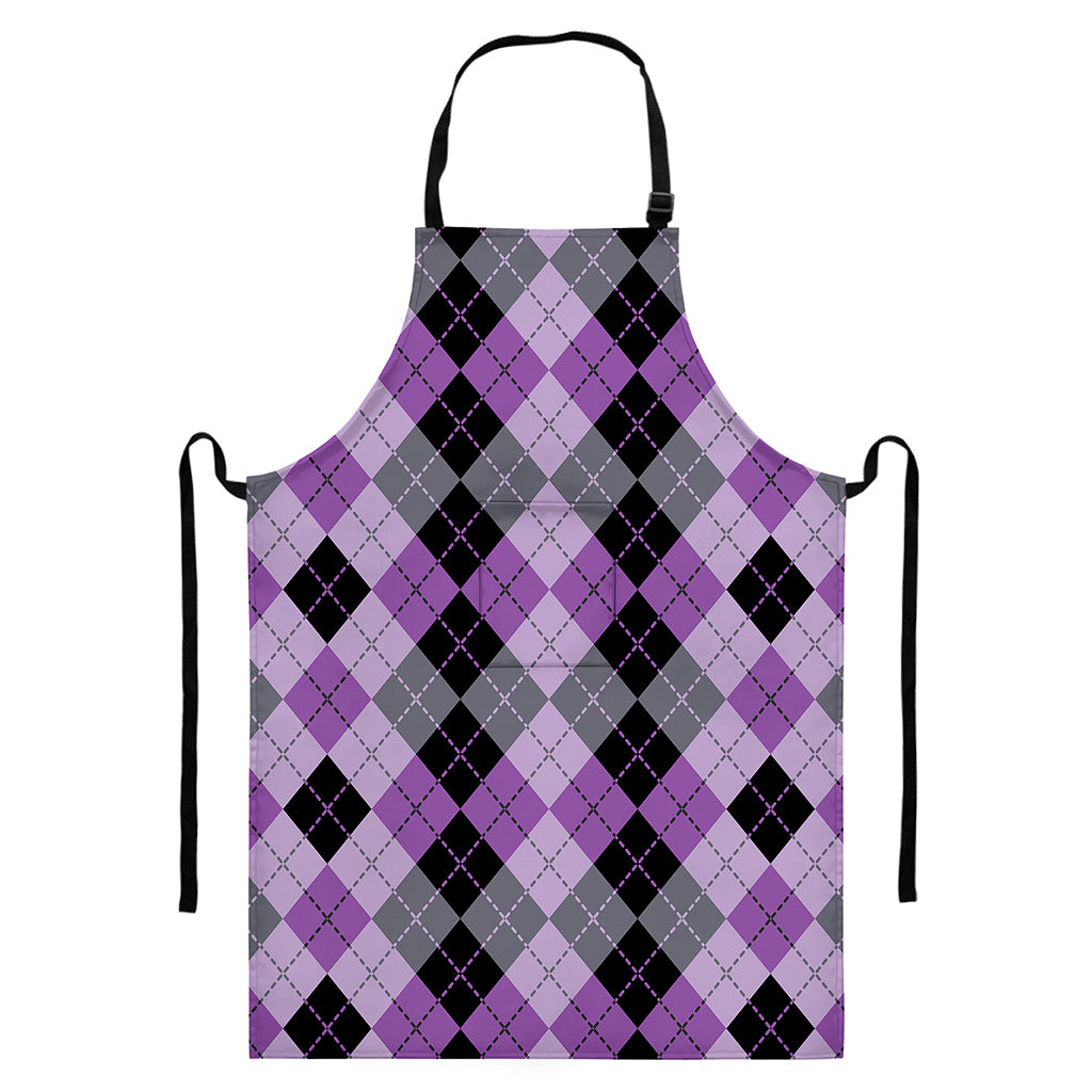 Black Grey And Violet Argyle Print Bib Apron With Pocket