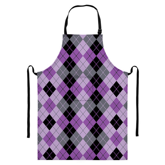 Black Grey And Violet Argyle Print Bib Apron With Pocket