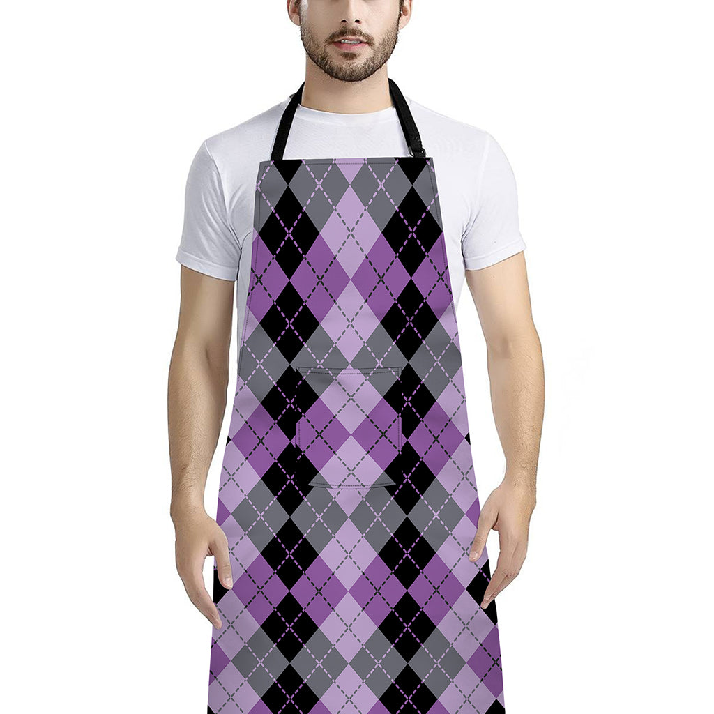 Black Grey And Violet Argyle Print Bib Apron With Pocket