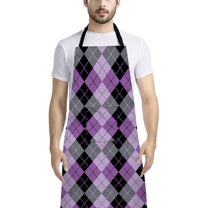 Black Grey And Violet Argyle Print Bib Apron With Pocket