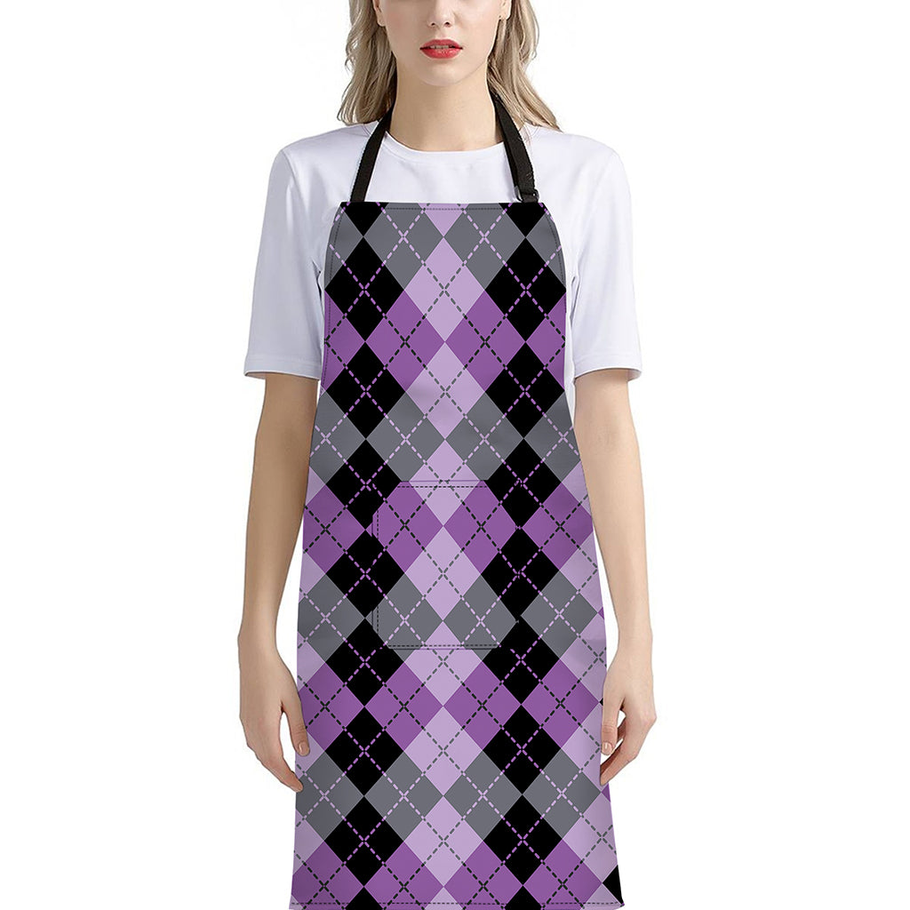 Black Grey And Violet Argyle Print Bib Apron With Pocket