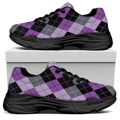 Black Grey And Violet Argyle Print Black Chunky Shoes