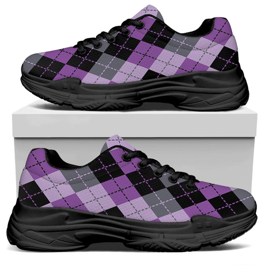 Black Grey And Violet Argyle Print Black Chunky Shoes