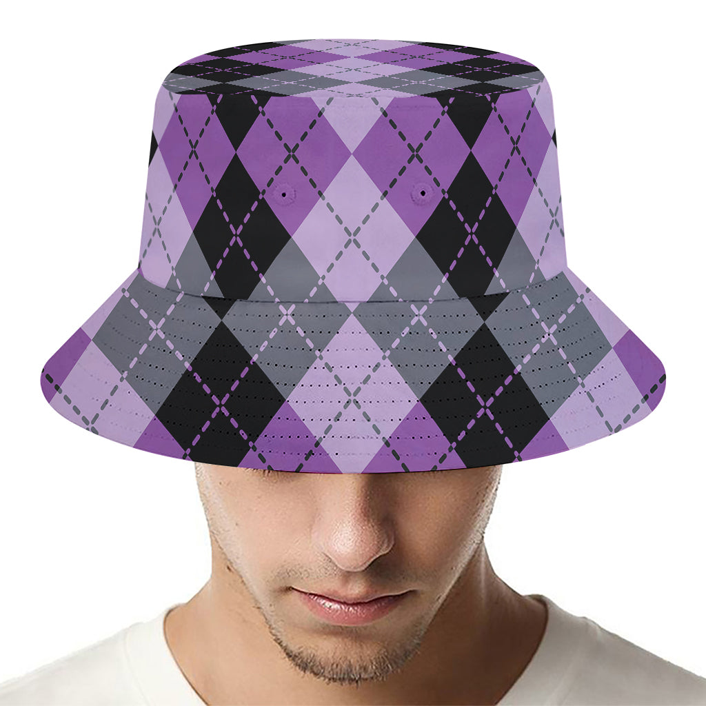 Black Grey And Violet Argyle Print Bucket Hat
