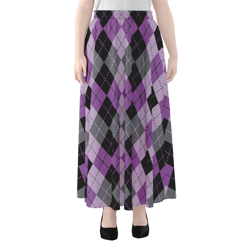 Black Grey And Violet Argyle Print Chiffon Maxi Skirt